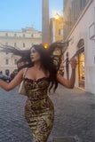 Sexy Vintage Green Floral Print Spaghetti Strap Satin Ankle Length Prom Dress Evening Dress HZ1024