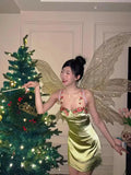 Vintage Green Floral Mermaid Spaghetti Strap Design Satin Prom Dress Evening Dress HZ1024