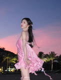 Cute Pink Ruffle Short A-Line Satin Party Dress Cocktail Dress Homecoming Dress HZ1024
