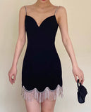 Vintage Black Sweetheart Tassel Spaghetti Strap Sheath Short Party Dress Cocktail Dress Homecoming Dress HZ1024