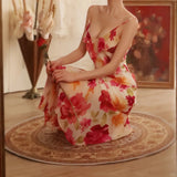 Vintage Floral A-line V-neck Spaghetti Strap Evening Dress Prom Dresses HZ1024