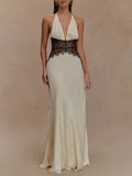 Charming Lace V-neck Prom Dress Sheath Halter-neck Evening Dress Long Formal Dress HZ1024
