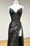 Vintage Applique V-neck Spaghetti Strap Satin Floor-length High Slit Prom Dress Evening Dress HZ1024