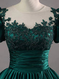 Green Round Neck Satin Lace Long Prom Dress, Green Lace Formal Dress HZ1024