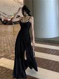 Simple Black V-neck Split Dress Design A-line Sleeveless Spaghetti Strap Dress HZ1024