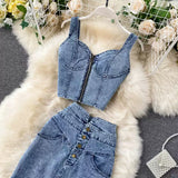 New Fashion Sexy Two-piece Short Halter Tank Top High Waisted Two-piece Denim Skirt HZ1024