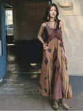 Vintage Irregular Ruffled Hem Fashion Splicing Design A-line Long Spaghetti Strap Dress HZ1024