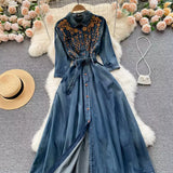 Vintage Embroidery Design Sense high-end Elegant Long Single-breasted Denim Dress HZ1024