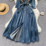 Vintage Embroidery Design Sense high-end Elegant Long Single-breasted Denim Dress HZ1024