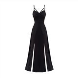 Simple Black V-neck Split Dress Design A-line Sleeveless Spaghetti Strap Dress HZ1024
