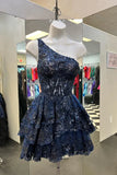 Charming Navy Blue Lace Sequined Appliqued Design A-line Mini Homecoming Dress HZ1024