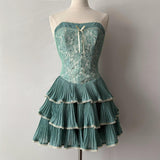 Vintage Green Beaded Design Elegant Sleeveless Strapless Tiered Homecoming Dress HZ1024
