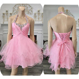 Vintage Pink Sequined Design Sleeveless Halter Homecoming Dress HZ1024
