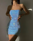 Retro Sparkling Blue Strapless Sequin Design Bodycon Party Dress Homecoming Dress HZ1024