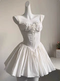 Vintage Spaghetti Strap Pleated A-Line Lace Short Party Dress Cocktail Dress Homecoming Dress HZ1024