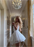 Vintage White Lace Spaghetti Strap A-Line Short Tiered Party Dress Cocktail Dress Homecoming Dress HZ1024