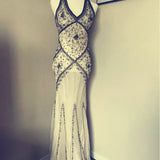 Vintage Ivory V-neck Embroidery Mermaid Prom Dress Party Dress Evening Dress HZ1024