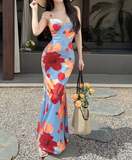 New Simple Holiday Floral Print Dress Sexy Spaghetti Strap Dress HZ1024