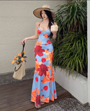 New Simple Holiday Floral Print Dress Sexy Spaghetti Strap Dress HZ1024