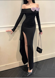 Women Simple Fashion Purple Flowers Black Long-sleeved Dress HZ1024