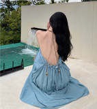 New ashion Light Blue Sleeved Backless Beach Halter Dress HZ1024