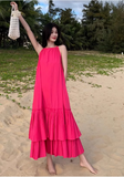 New Fashion Rose Pink Beach Holiday Loose Halter Dress HZ1024