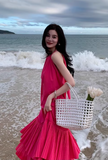 New Fashion Rose Pink Beach Holiday Loose Halter Dress HZ1024