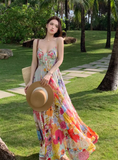 New Stylish Floral Design Beach Holiday Spaghetti Strap Dress HZ1024