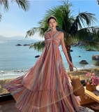 New Rainbow Stripe Design Beach Holiday Casual Halter Dress HZ1024
