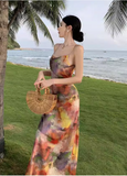 Simple New Painting Style Floral Design Elegant Beach Holiday Spaghetti Strap Dress HZ1024