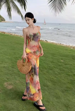 Simple New Painting Style Floral Design Elegant Beach Holiday Spaghetti Strap Dress HZ1024