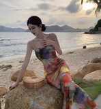 Simple New Painting Style Floral Design Elegant Beach Holiday Spaghetti Strap Dress HZ1024