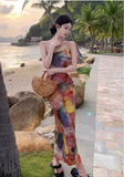 Simple New Painting Style Floral Design Elegant Beach Holiday Spaghetti Strap Dress HZ1024