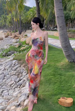 Simple New Painting Style Floral Design Elegant Beach Holiday Spaghetti Strap Dress HZ1024