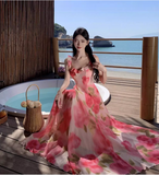 New Simple Pink Floral Design A-Line Beach Holiday Spaghetti Strap Dress HZ1024