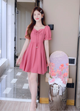 New Fashion Short Sleeves Rose Pink Design A-Line Dress HZ1024