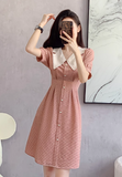 Vintage Simple Pink Plaid Elegant Design Short Sleeves Women Dress HZ1024