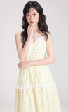 Simple Fashion Light Yellow Floral Design Spaghetti Strap Dress HZ1024