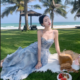 Simple Elegant Blue Floral Design Beach Holiday Spaghetti Strap Dress HZ1024