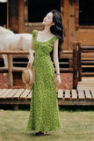 Vintage Simple Elegant Green Floral Design Beach Holiday Women Long Dress HZ1024