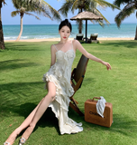 New Simple Elegant Floral Irregular Design Beach Holiday Spaghetti Strap Dress HZ1024