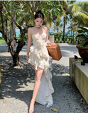 New Simple Elegant Floral Irregular Design Beach Holiday Spaghetti Strap Dress HZ1024