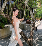 New Simple Elegant Floral Irregular Design Beach Holiday Spaghetti Strap Dress HZ1024