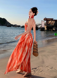 Bohemian Style Women Unique Design Sense Red A-Line Halter Dress HZ1024