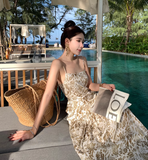 Vintage Fashion Women Floral Design A-Line Beach Holiday Spaghetti Strap Dress HZ1024