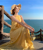Simple Fashion Women Yellow Floral Design A-Line Halter Dress HZ1024