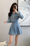 Vintage Fashion Design A-Line Long-sleeved Denim Dress HZ1024