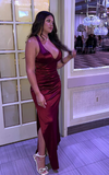 Sexy Deep V Neck Burgundy Mermaid Satin Split Long Prom Dresses HZ1024