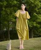 Simple Puffy Short Sleeves Green A-Line Square Neckline Women Dress HZ1024