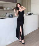 Vintage Elegant Black V-neck Black Design A-Line Sleeveless Strap Dress HZ1024